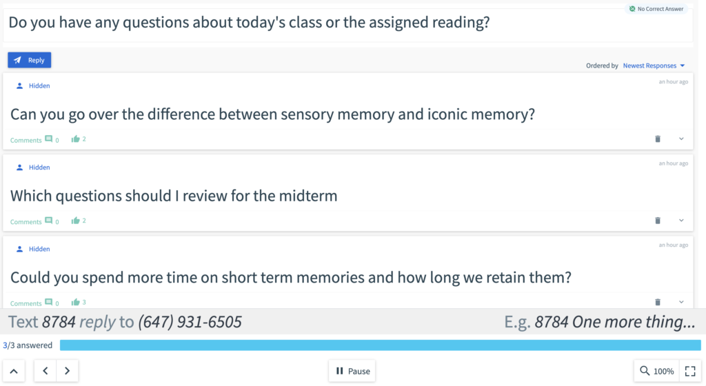 An anonymous Top Hat poll is shown. A question asks, "Do you have any questions about today's class or the assigned reading?"