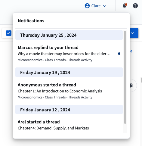 A screenshot of Class Threads' in-app notifications.
