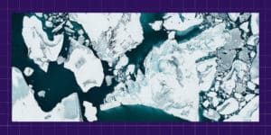 An aerial view of an iceberg is shown, against a purple background.