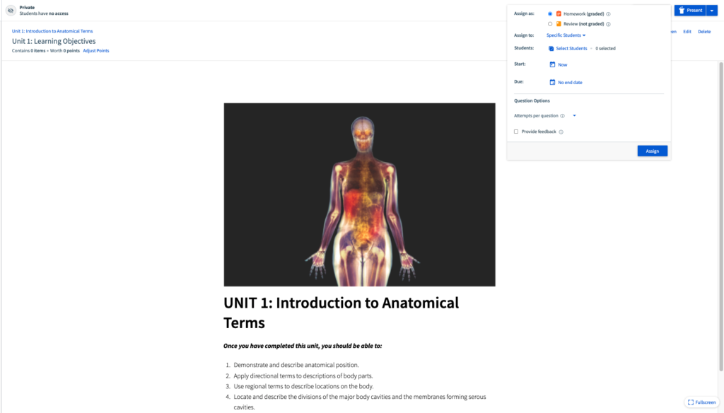 An image of a human body is shown on screen. The text 'Unit 1: Introduction to Anatomical Terms' is shown below it.