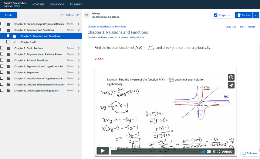 Blake Regan's Pre-Calculus textbook is shown. A Vimeo video is embedded within the textbook.