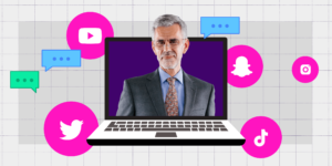 A professor is in a laptop screen. Pink social media icons surround him, along with discussion speech bubbles.