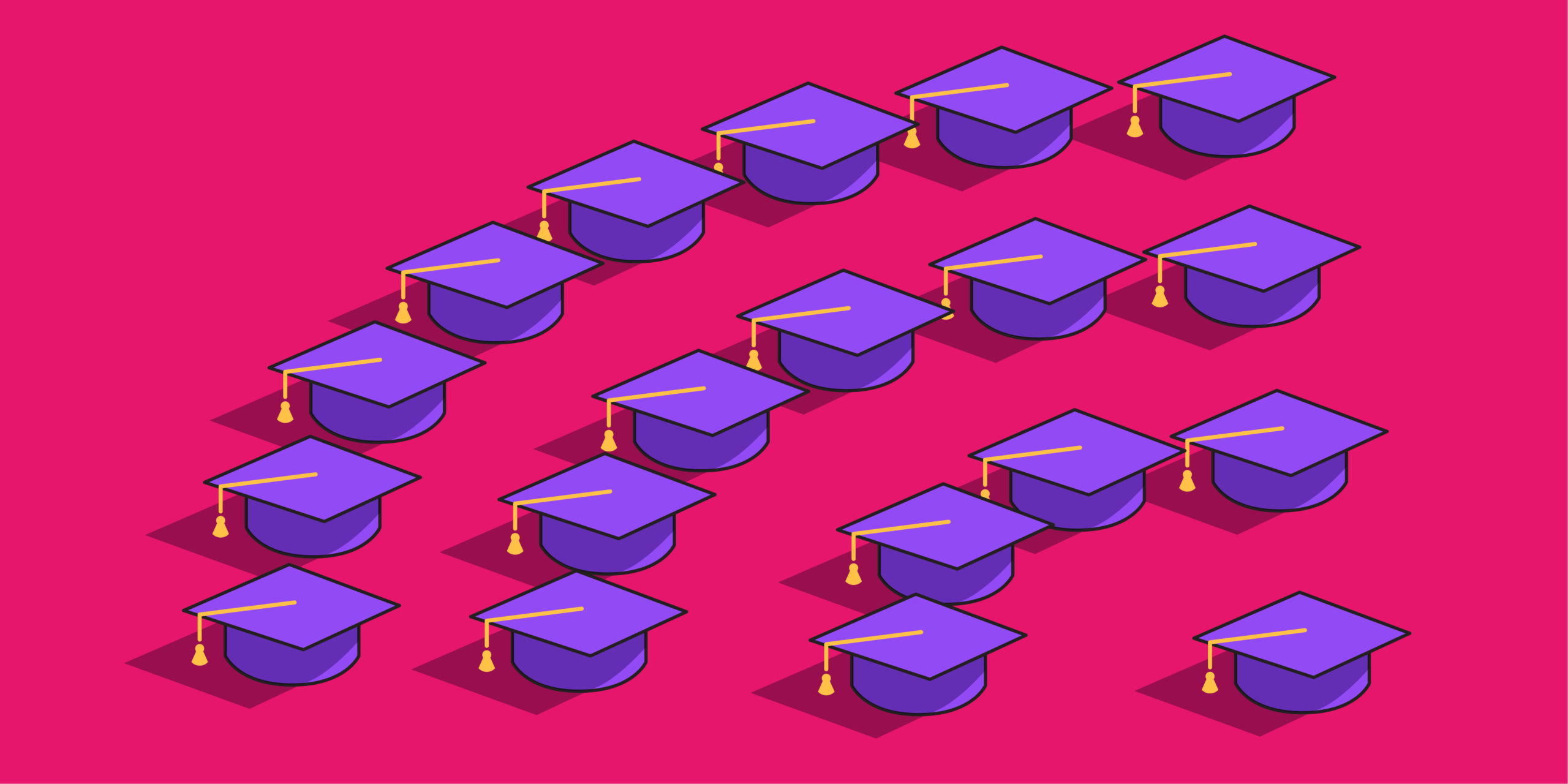 Purple mortarboards arranged in a pyramid shape on a pink background