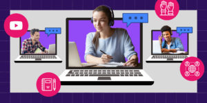 An image of a woman wearing headphones, looking at a laptop in front of her. She is surrounded animated chat bubbles.